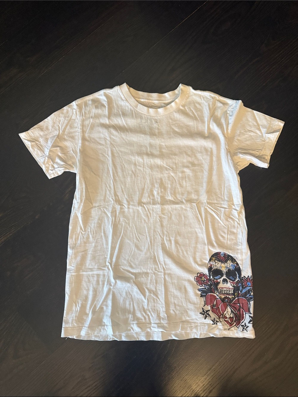 White Short Sleeve Tee with Colorful Skull Graphic - Do Denim